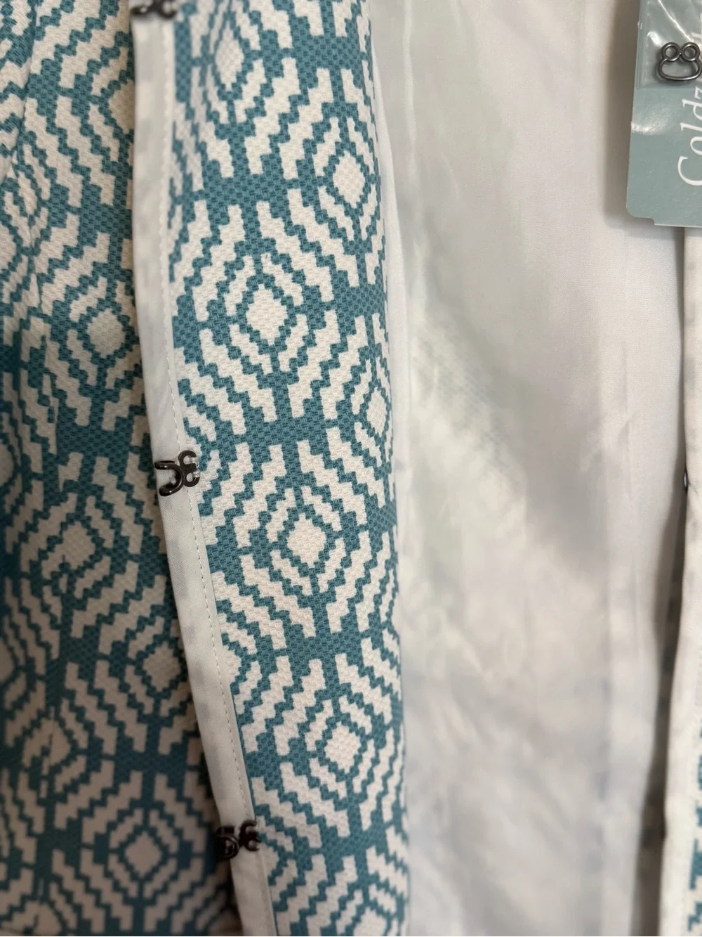 NWT Coldwater Creek Teal and White Geometric Open-Front Blazer